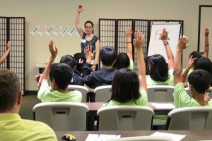 In this image, a SuperCamp Facilitator teaches Quantum Learning methods.